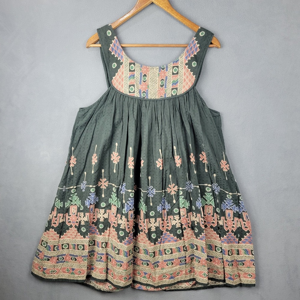Kate Moss Topshop Sun Dress Women 12 Black Aztec Print Cotton Pleated Round Neck - Picture 2 of 8
